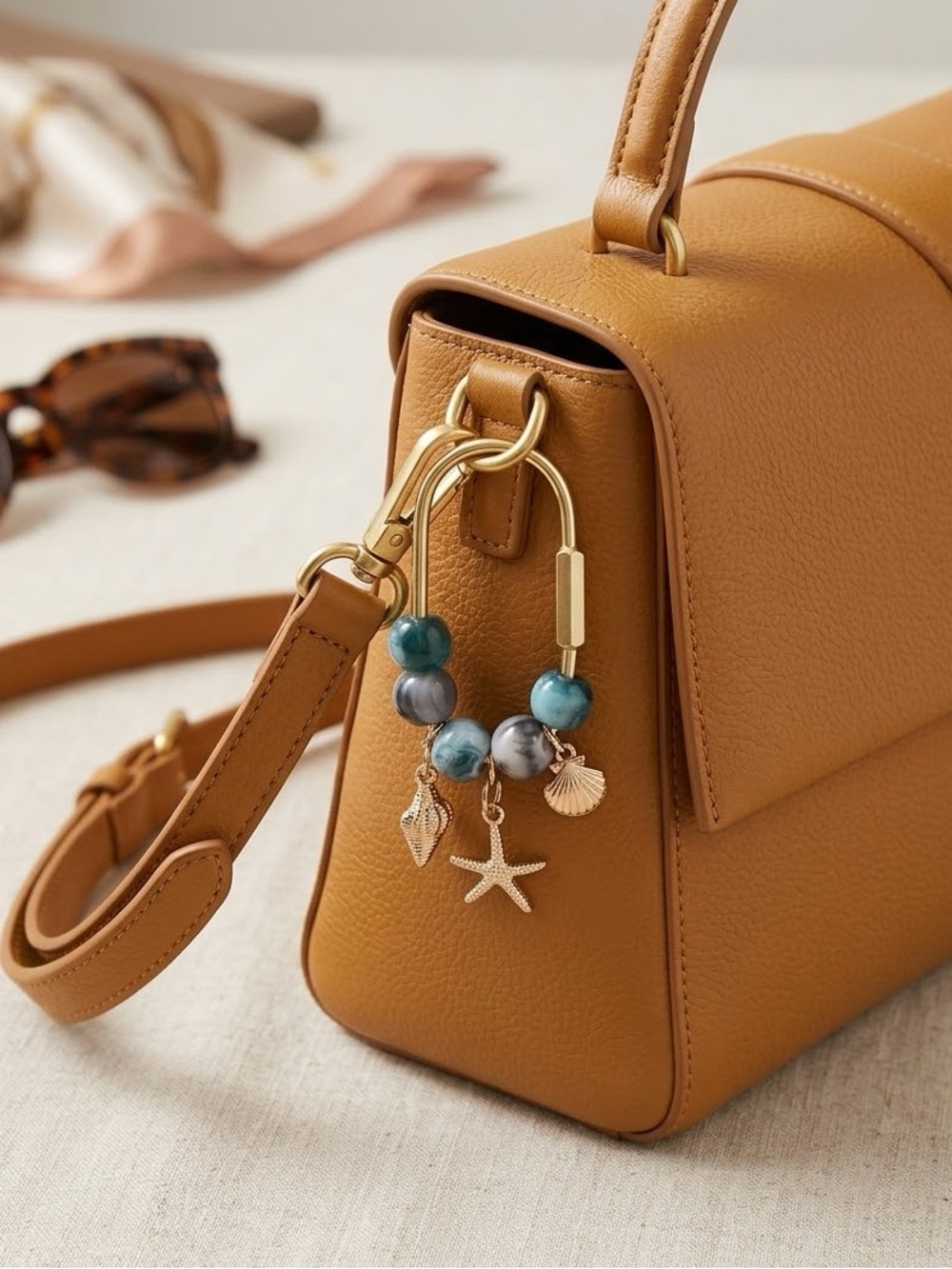 Viral Aqua Carabiner Beaded Bag Charm Keychain with Seashell Charms